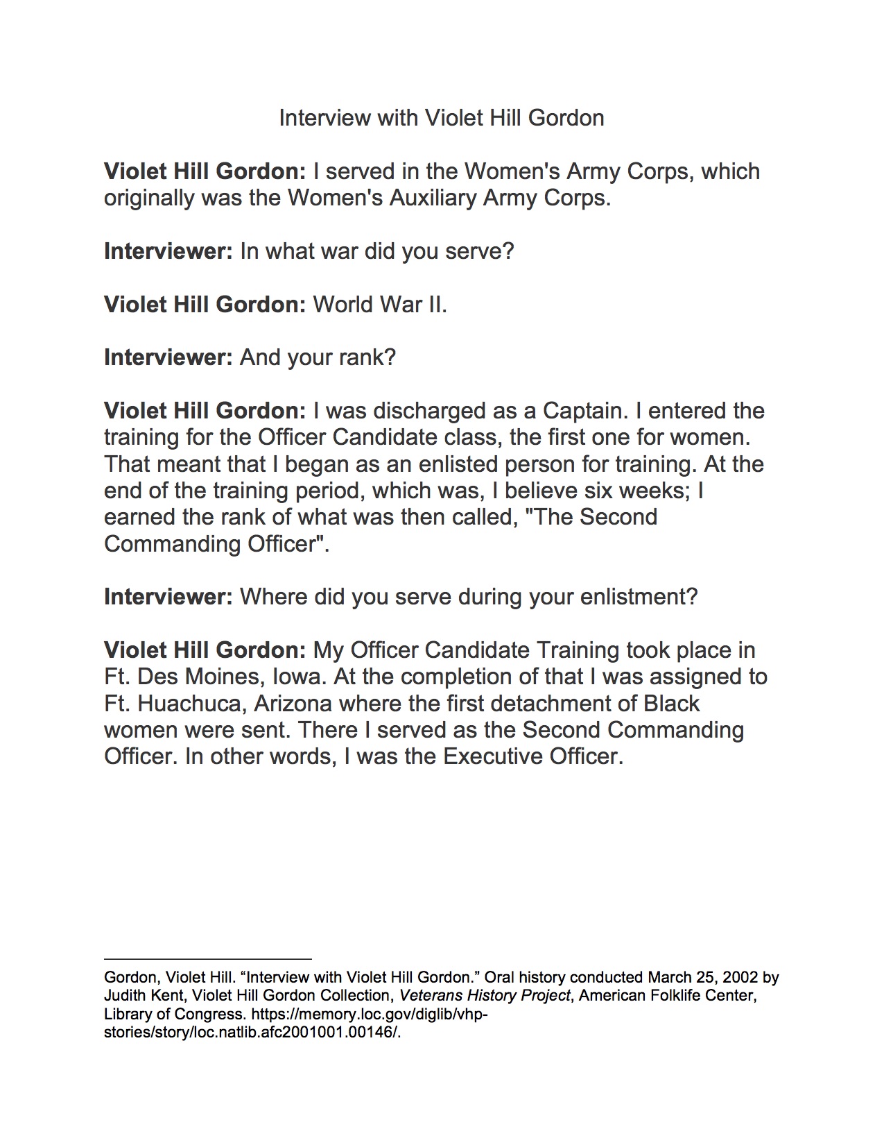 Interview with Violet Hill Gordon