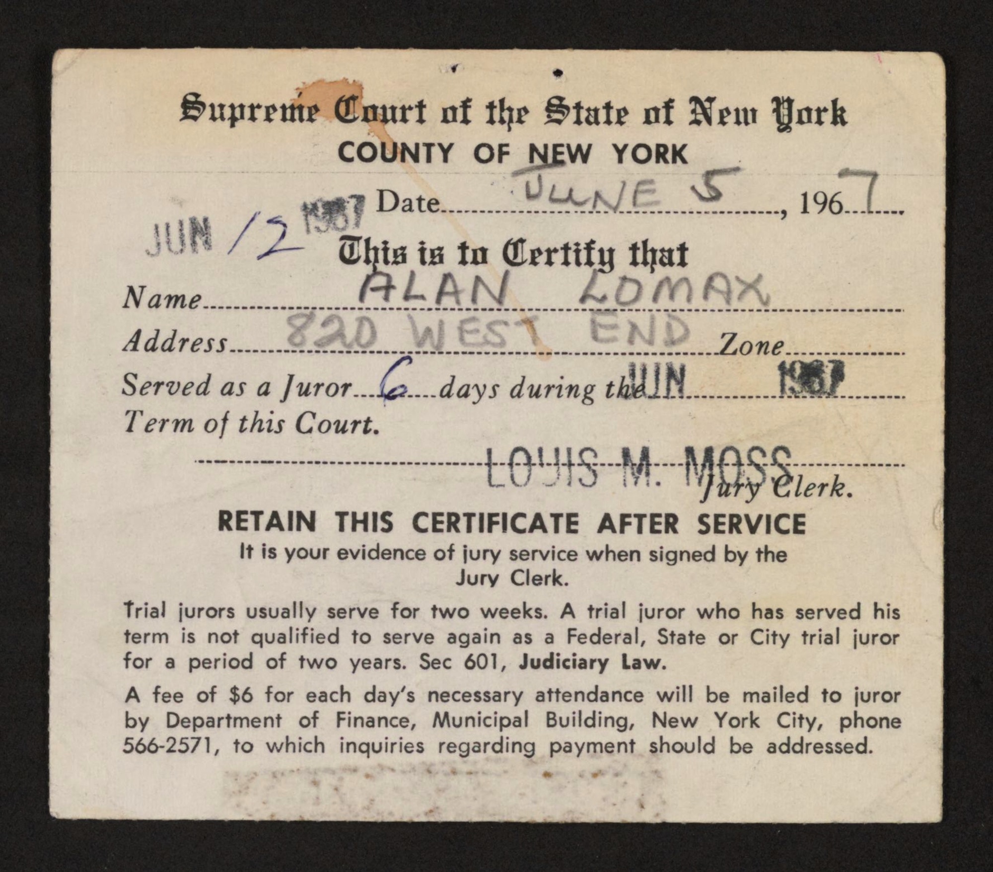 Jury Duty Certificate