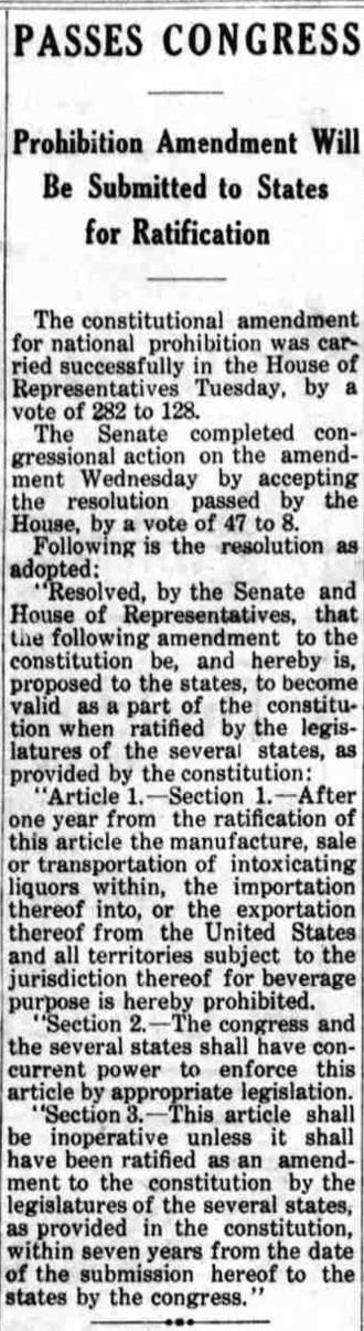 Passes Congress, Prohibition Amendment